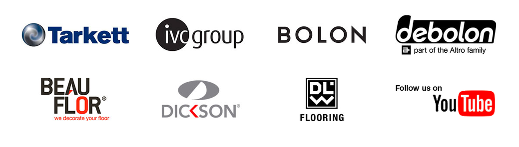 Partnerlogos von Tarkett, IVC Group, Bolon, Debolon, Beauflor, Dickson, DLW Flooring und YouTube